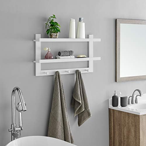 Danya B 2-Tier Ledge Wall Shelf Organizer with Five Hanging Coat or Towel Hooks - Perfect for Entryway or Bathroom (White) - Image 4