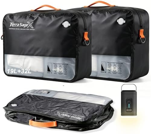 Travel Vacuum Bags with Pump, Space Saver Compression Storage Bags for Luggage & Suitcase, Clear Viewing Window, Reusable Vacuum Seal Bags for Clothes, Bedding & Travel (19L+32L, 1 Set) by TerraSageX