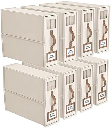 8 Pack Foldable Bed Sheets Set Organizers and Storage(King & Queen Size),Linen Fabric Closet Organizers with Window,Folding Bedding Storage Box for Bedsheets and Pillow Cube Organizer-Beige by BigPonPon