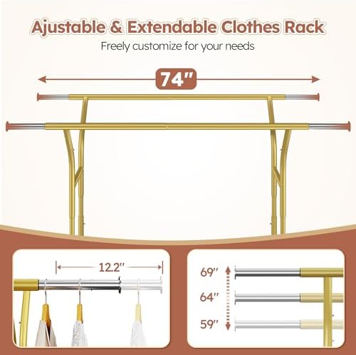 Raybee 74" W Clothes Rack 630 LBS Heavy Duty Double Rods Adjustable Size - Image 5