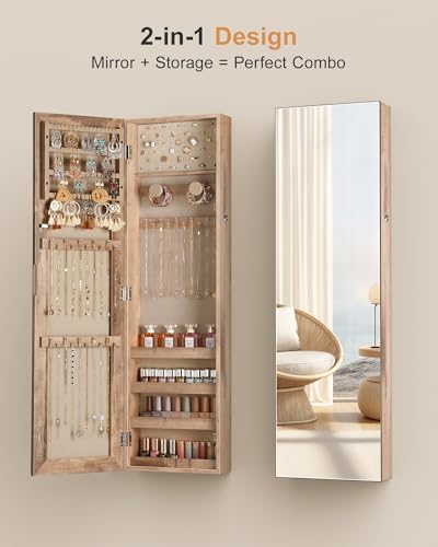 Nicetree Mirror Jewelry Cabinet, Full Length Mirror, Wall Mounted, Oak - Image 5