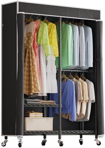 Higeego H9 Garment Rack with Cover, Heavy Duty Clothing Rack for Hanging Clothes, Portable Closet with wheels, Wardrobe Closet with Adjustable Shelves, Black Rack Shelf with Black Fabric Cover by Higeego