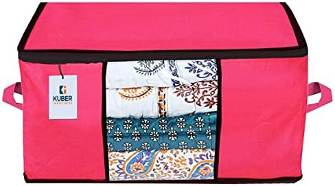 Kuber Industries Underbed Storage Bag|Organizer For Clothes Large|Non-Woven Comforter, Blanket Cover|Transparent Window & Premium Zipper|Side Handles|Pack of 12 (Pink) - Image 3