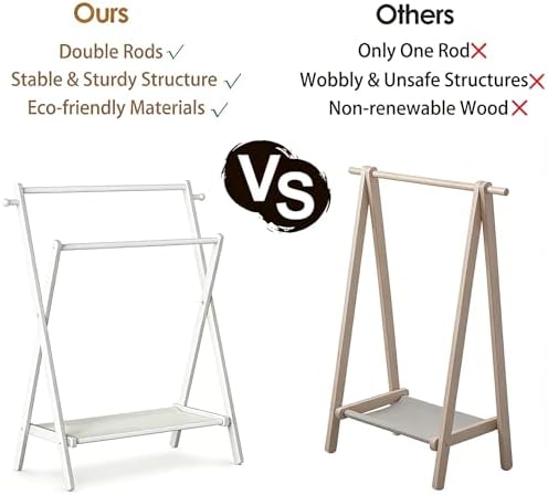 BAMBOOHOMIE Kids Clothing Rack, Small Clothes Rack for Toddler Pets, Kids Dress Up Rack with Storage Shelf & Double Rods, Foldable Kids Clothes Rack for Nursery Child's Room (Regular Size - White) - Image 7