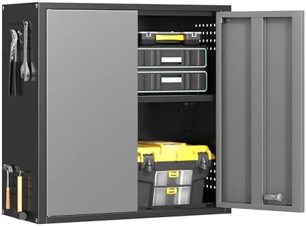 Metal Garage Wall Cabinet with 2 Doors and 1 Adjustable Shelf,Lockable Floating Tool Cabinet with Pegboard,Steel Storage Cabinet for Kitchen,Office,Garage,Laundry,Warehouse(Black&Gray, 26"H) by Firstsky
