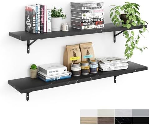 Kaboon 45 inch Long 10 inch Deep Floating Shelves for Wall Set of 2, Large Open Shelves Wall Mounted, Space Saving Home and Commercial Use, Cloud Atlas/Black Marble by Kaboon