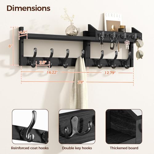 Evermagin 29" Coat Rack Wall Mount with Shelf & 11 Hooks, Entryway, Black - Image 2