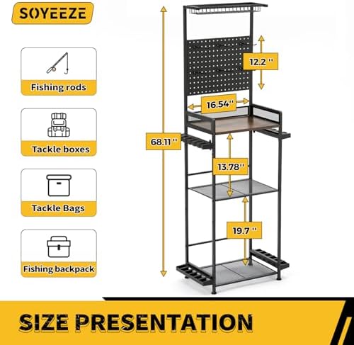 SOYEEZE Fishing Rod Holders for Garage,Fishing Gear Holder for Fishing Rod Tackle Box Storage，Fishing Pole Holders for 12 Rods with Hooks and Pegboard,Fishing Stand with Reel Rack, Standard Size - Image 3