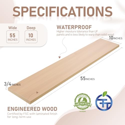 Kaboon 55 inch Long 10 inch Deep Floating Shelves for Wall Set of 2, Large Open Shelves Wall Mounted, Space Saving Home and Commercial Use, Light Walnut - Image 3