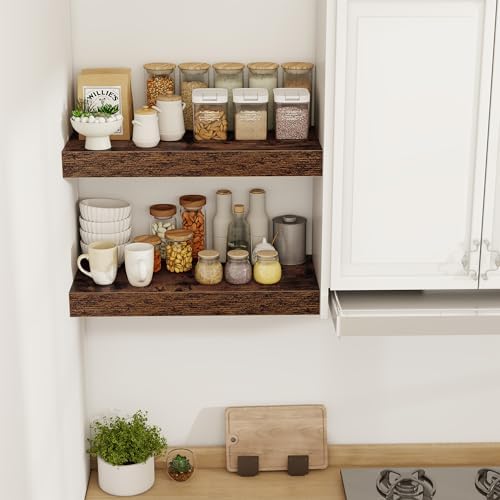 Acovy 24 Inch Floating Shelves, 12" Deep Floating Shelf Wall Mounted, 24" Wall Shelves, Rustic Deep Bookshelf, Extra Deeper & Thicker Display Shelves for Bedroom, Living Room, Brown, Set of 2 - Image 2
