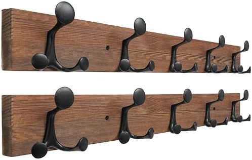 SKOLOO 30-Inch Wood Coat Rack Wall Mount with 5 Triple Hooks - Ideal for Family Entrances, Classrooms, and Pet Supplies Storage - Perfect Coat Hooks for Wall,Charred Golden Brown, Pack of 2 by SKOLOO