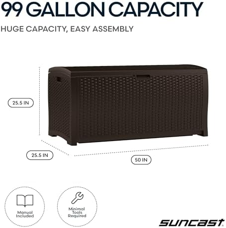 Suncast 99 Gal Wicker Resin Deck Box, Storage Chest Bin with Handles, Java - Image 3