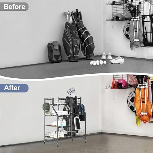 WALMANN Garage Golf Bag Stand, Large Golf Bag Storage with Golfing Accessories Storage Shelves Rolling Golf Bags Organizer - Image 7