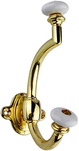UNIQANTIQ HARDWARE SUPPLY Brass Hat and Coat Hook with Porcelain Knobs - Double Hook for Wall, Rack and Hall Tree Mounting - CH1-DB (5) by UNIQANTIQHARDWARESUPPLY