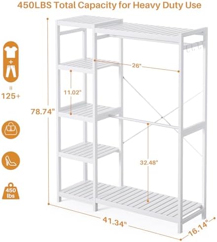 Homykic Bamboo Clothing Rack with 7 Adjustable Shelves, 2 Hang Rods, White - Image 4
