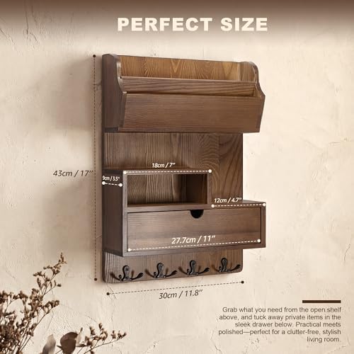 Rebee Vision Pine Wood Key Holder Wall Mount with Drawer & 4 Hooks, Brown - Image 2