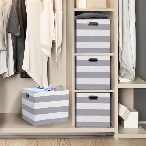 13 x 15 x 13 Inch Stripe Linen Storage Cube for Home Organizing, Pack of 4 - Image 7