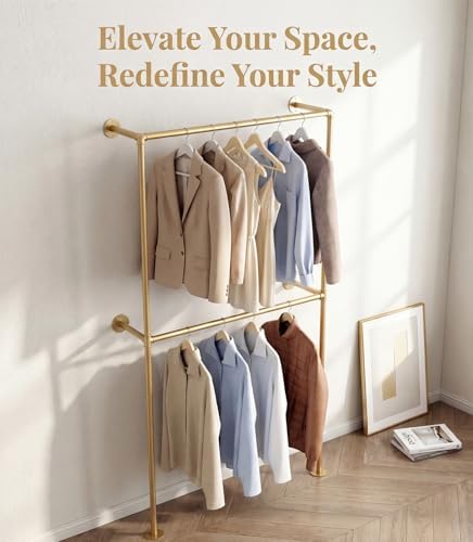 Gold Clothing Racks Wall Mount Clothes Rack, Heavy Duty Industrial Pipe Clothing Rack Retail Display Hanging Rod for Closet Storage, Laundry Room(Gold) - Image 2