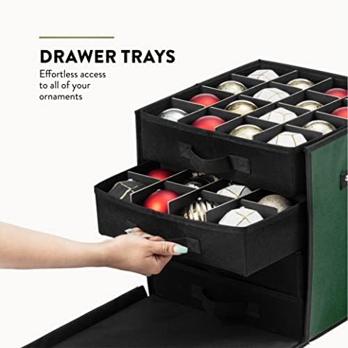 ZOBER Christmas Ornament Storage Box - Stores 64 3" Ornaments with Drawer Style Trays - Tear Proof 600D Oxford Fabric - Ornament Organizer Storage Box, Durable Christmas Containers Holder - Green - Image 3