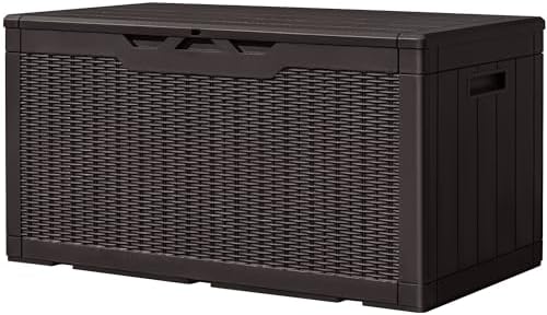 Greesum 100 Gallon Resin Deck Box Large Outdoor Storage, Imitation Rattan Weave Texture for Patio Furniture, Garden Tools, Pool Supplies, Weatherproof and UV Resistant, Lockable, Dark Brown by BuynowfromGreesum