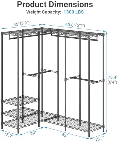 VIPEK L40 Plus Garment Rack L Shaped Clothes Rack for Corner, Freestanding Portable Wardrobe Closet Heavy Duty Clothing Rack for Hanging Clothes, 60.6"L x 45"W x 76.4"H, Load Capacity 1300LBS, Black - Image 5