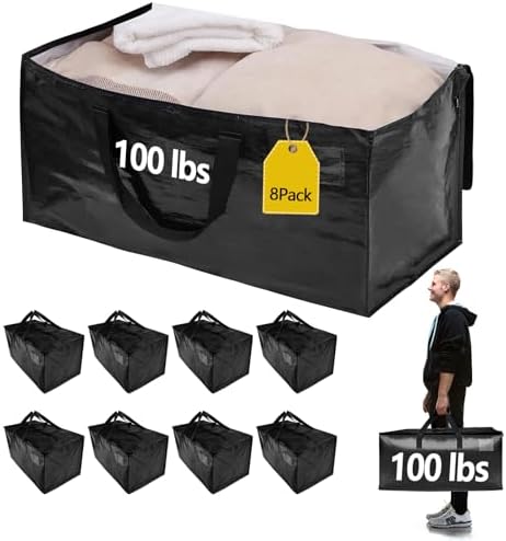 8 Pack Waterproof Moving Storage Bags, 100 lbs Extra Large Heavy Duty Totes with Reinforced Handles & Strong Zippers, Reusable Moving Box Alternative for Packing Moving Household Storage, 95L, Black by Demiwise