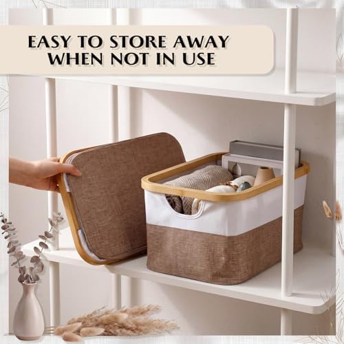 Hushee 4 Pack Bamboo Fabric Storage Bins for Shelves, 15"x10"x7.9" Collapsible Storage Baskets for Organizing, Two-Tone Foldable Bins for Clothes, Towels, Linens(White with Brown) - Image 5