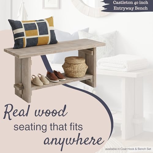 Alaterre Bethel Rustic Solid Wood Entryway Bench with Shelf, Driftwood - Image 3