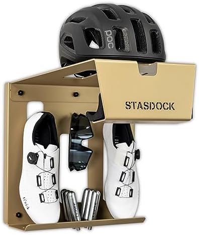 Stasdock Wall Bike Rack | Bike Storage Wall Mount System | For Race Bicycles (New Gold) and Mountain Bikes | Bike Shelf | Indoor bike wall bracket | Store your helmet and shoes | Home and Garage by Stasdock