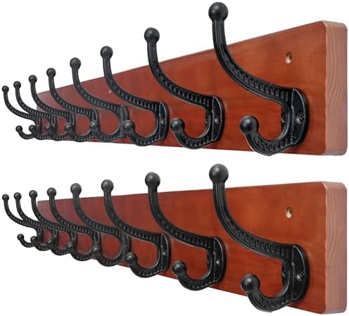 WEBI Rustic Coat Rack Wall Mount,35.43" Long 8 Cast Iron Coat Hooks Wall Mounted,Heavy Duty Wood Wall Coat Hanger Hooks for Hanging Coats,Jacket,Clothes,Backpack,Farmhouse,Cherry,2 Packs by WEBI