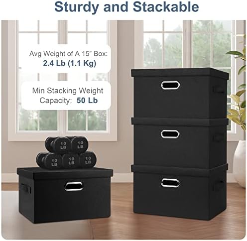 Graciadeco Medium 15" 21 Quart Collapsible Stackable Storage Bins with Lids, 5 Packs Black Foldable Fabric Closet Storage Boxes with Lids, Lidded Heavy-duty Linen Baskets(15x11x8) - Image 4
