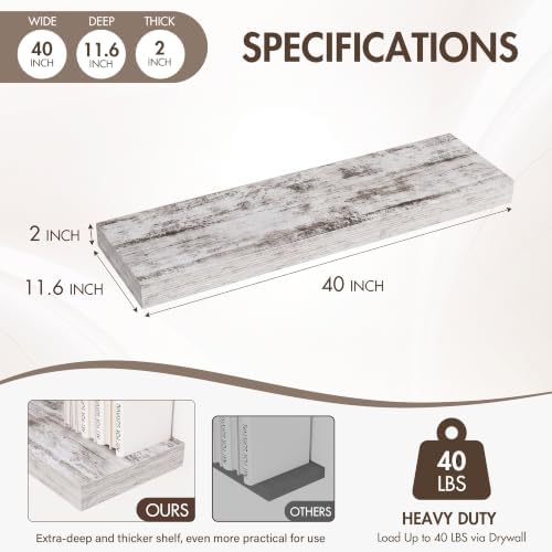 Acovy 40 Inch Floating Shelves, 12" Deep Floating Shelf Wall Mounted, 40" Wall Shelves, Rustic Deep Bookshelf, Extra Deeper & Thicker Display Shelves for Bedroom, Living Room, Set of 2 - Image 3