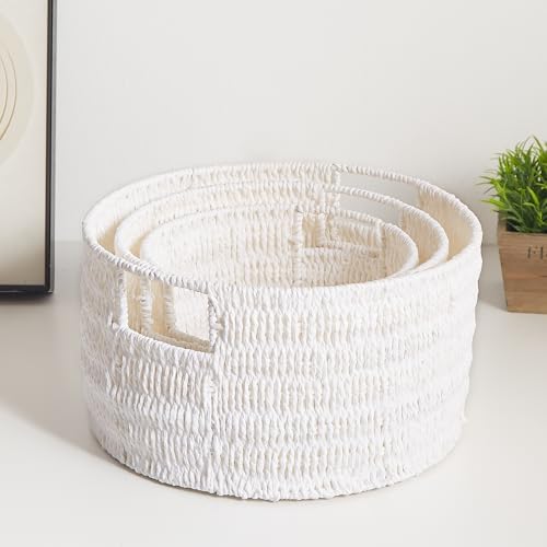 Vagusicc Wicker Storage Basket, Hand-Woven Paper Rope Large Round Woven Basket With Handles, Wicker Baskets for Organizing/Storage, White, 3-Pack - Image 5