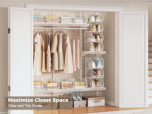 4" Extra Deeper Foldable Hanging Closet Organizer, Small Wire Cabinet Shelves and Storage with 5 S Hooks,4 Tier Metal Basket Bins for Clothes Sweaters Handbags, Wardrobe for Kitchen Laundry Room，White - Image 7