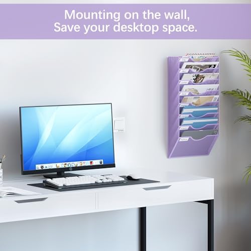 EasyPAG 8 Pocket Mesh Wall File Organizer, Hanging Paper Folder Holder with Classify Label, Vertical Wall Mount Mail Organizer for Office Home Classroom, Purple - Image 2