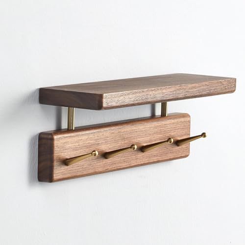 Solid Wood Shelf with Hooks, 12 inch Coat Rack Wall Mount, Shelves with 4 Brass Hooks for Hanging in Entryway, Living Room, Bathroom, Bedroom, Kitchen(Walnut) by Mayhas