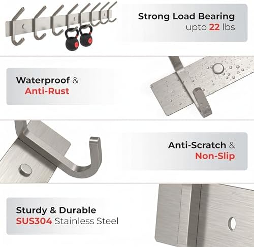 Coat Rack Wall Mount – Brushed Nickel 24 Inch Stainless Steel Hook Rail with 8 Heavy Duty Double Coat Hooks – Wall Mounted Coat Hanger for Entryway, Bathroom, Bedroom, Towel, Hat Organizer - 2 Pack - Image 4