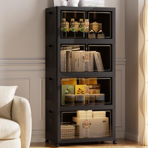 SAILUN 674QT/168Gal Stackable Storage Bins with a Lid, Collapsible Storage Bins With Doors, Folding Cabinet for Home Closet Organization,4 Pack-30 W x 19.7" D x 65.9" H Black by SAILUN