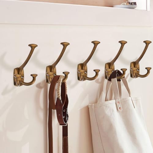 Large Wall Double-Sided Hook 10 Pack Antique Brass Hook Decorative Heavy Duty Solid Large Coat Hooks for Towel Hanging Coats Robe Triple Coat Hook Three Prong Hook - Image 4