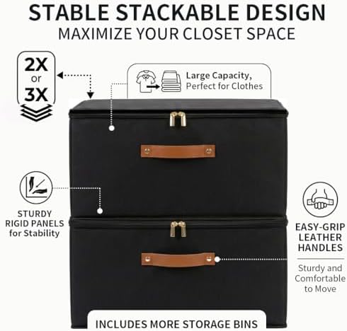 Tuza 3 Pack Foldable Storage Bin with Lid, Heavy-Duty Fabric Storage Box with Reinforced Handles, Collapsible Closet Organizer for Clothes, Bedding, Wardrobe & Bedroom Organization(Black, 56L) - Image 5