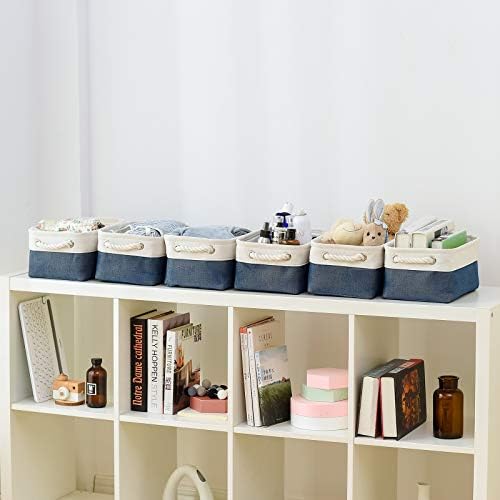 Storage Basket for Organizing - 12x8x5.2 inch Small 6 Pack Fabric Storage Bin Collapsible Baskets for Shelves with Rope, Storage Box for Cloth Decorative Laundry Canvas(White & Blue) - Image 3