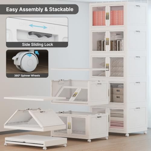 UAMFURI Stackable Storage Bins with Lids, Clear Doors, Large Storage Cabinet Foldable Collapsible Closet Organizers for Bedroom Dorm Office (5, White, 180, Quarts) - Image 3