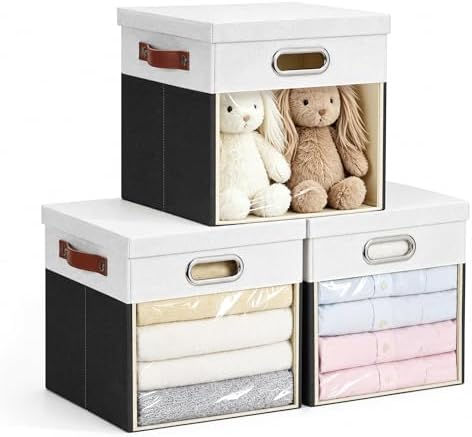 13x13 Inch Ultra Thick Fabric Storage Bins with Lids & Windows, 3P by Roobyl