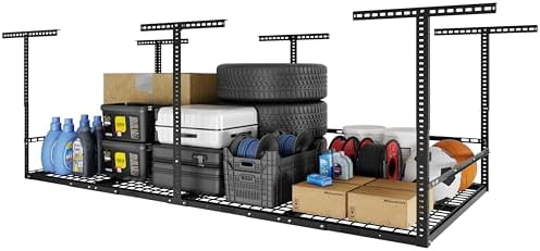 FLEXIMOUNTS 4x8 Overhead Garage Storage Rack with Safety Rails, Hammertone by FLEXIMOUNTS