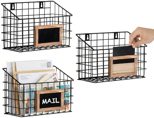MyGift 10 Inch Wall Mounted Matte Black Metal Wire Storage Baskets with Chalkboard Labels, Small Hanging Organizer Bins for Home Entryway Kitchen Pantry Closet, Set of 3 by MyGiftHome
