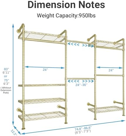 Timate F3 Garment Rack Heavy Duty Clothes Rack for Hanging Clothes, Expandable Industrial Pipe Wall Mounted Clothing Rack, Adjustable Storage Wardrobe Closets Kit Walk in Closet Systems, Gold - Image 5