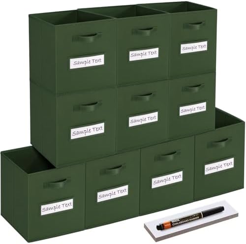 11x11 storage cube bins (Set of 10) Foldable Fabric storage cubes with 10 Labels Window Cards & a Pen,11 inch cube storage bin,Closet Organizers for Shelves,Cubby Organizer Boxes,Dark Green by Artsdi