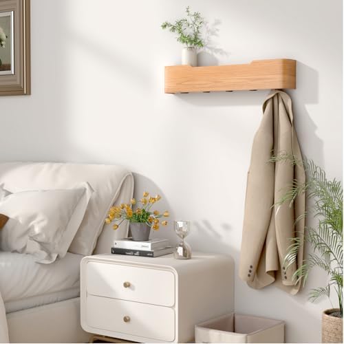 Wall Mounted Coat Rack with Shelf, Wooden Entryway Organizer with Hidden Metal Hooks for Hanging Coats Bags Keys, Modern Floating Shelf for Hallway Bathroom - Image 6