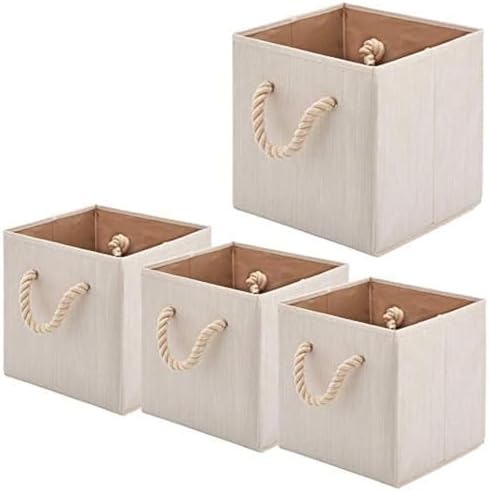 Foldable Bamboo Fabric Storage Bins [set of 4] with Cotton Rope Handles, Collapsible Organizer Boxes Basket - 10.5 x 10.5 x11 inch (Beige) by BeigeSwan