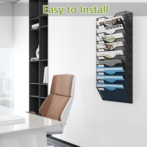 EasyPAG 10 Pocket Mesh Wall File Organizer, Hanging Paper Folder Holder with Classify Label, Vertical Wall Mount Mail Organizer for Office Home Classroom, Black - Image 6